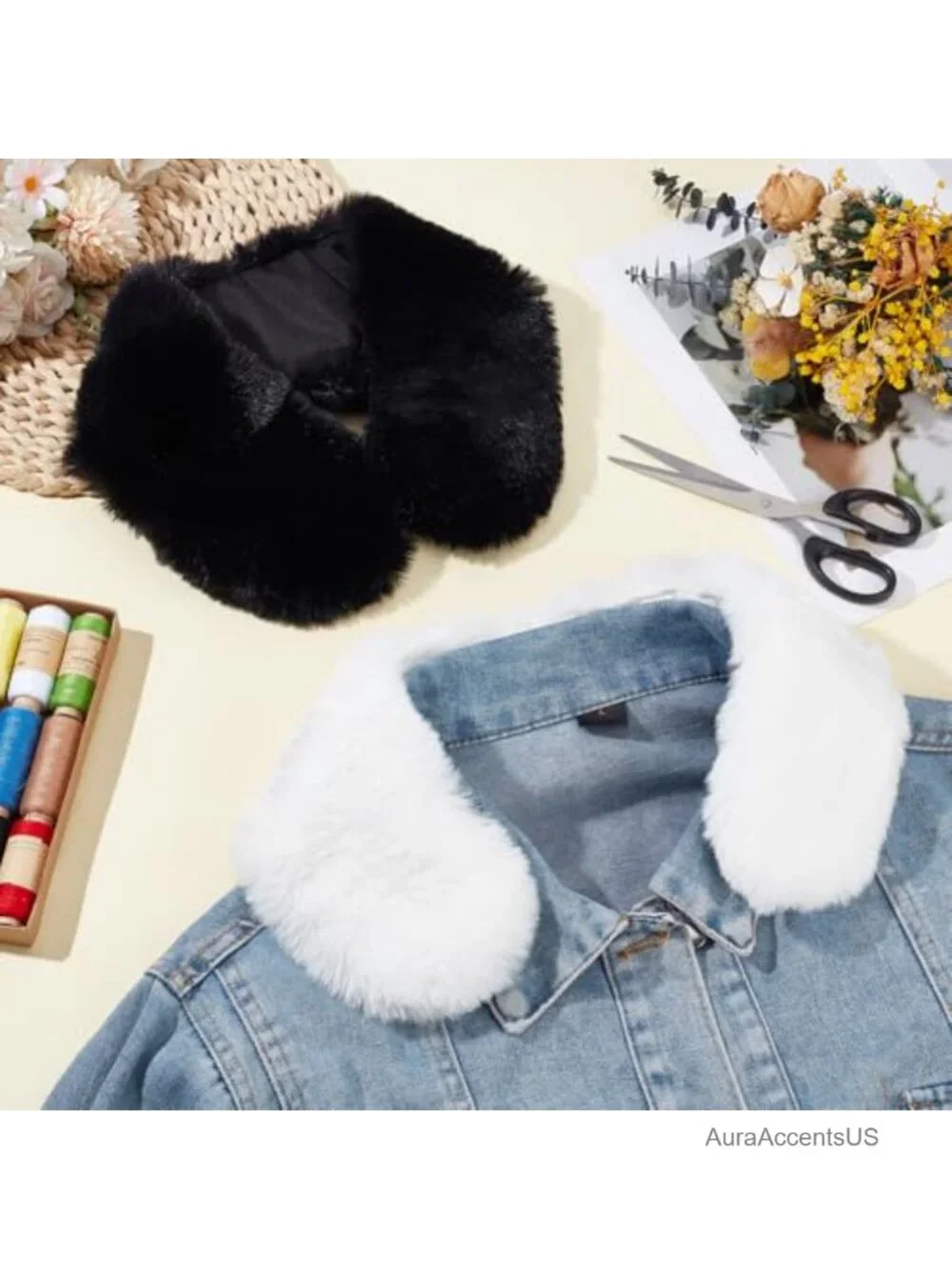 Faux Rabbit Fur Collar Shawl Set Convertible Stole Wrap Winter Coat Accessory